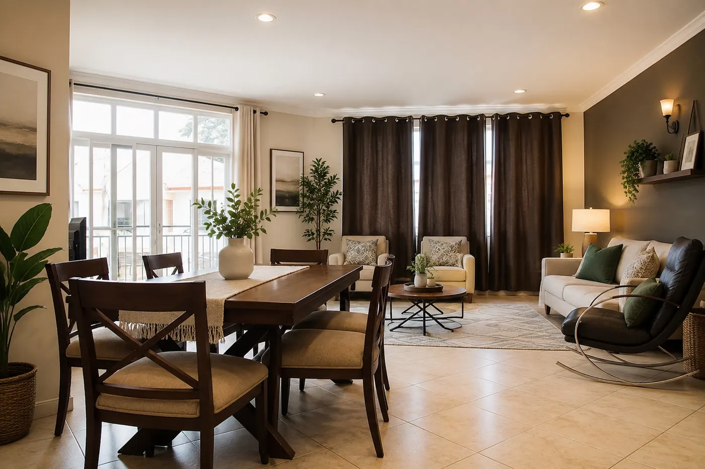Open dining and living area in a family apartment at Grand Vue