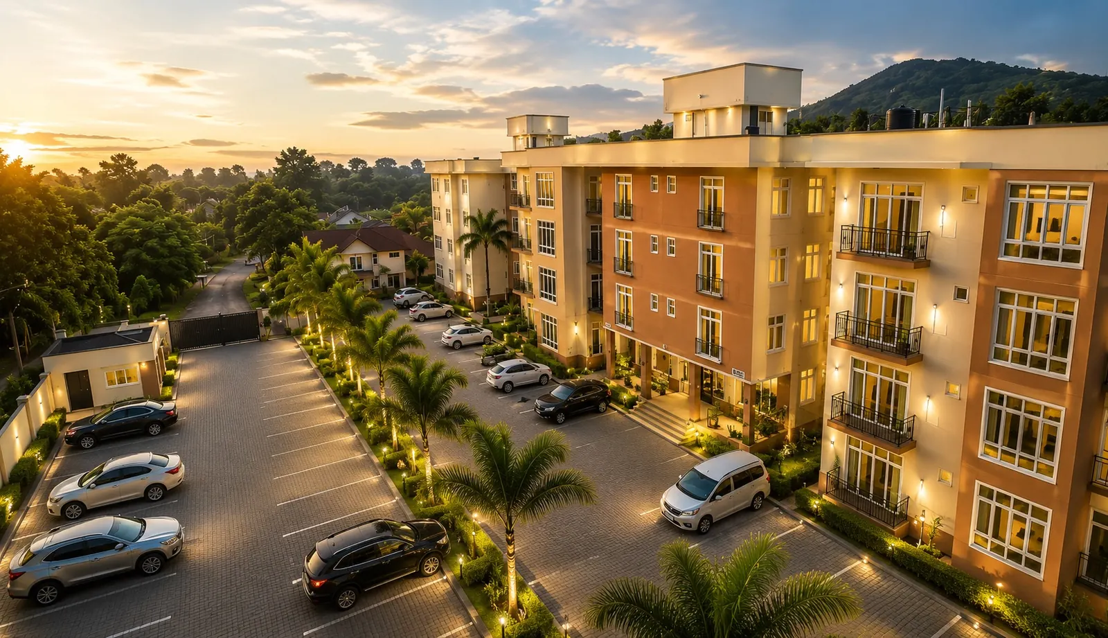 Aerial sunset view of Grand Vue Apartments in Olorien, Arusha