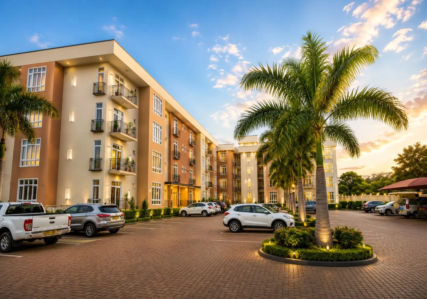 Grand Vue Apartments courtyard with palms and gardens at golden hour