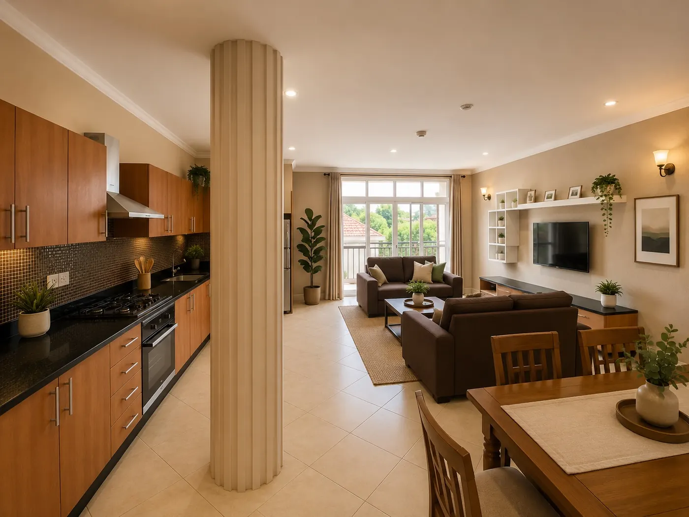 Modern open-plan kitchen at Grand Vue Apartments