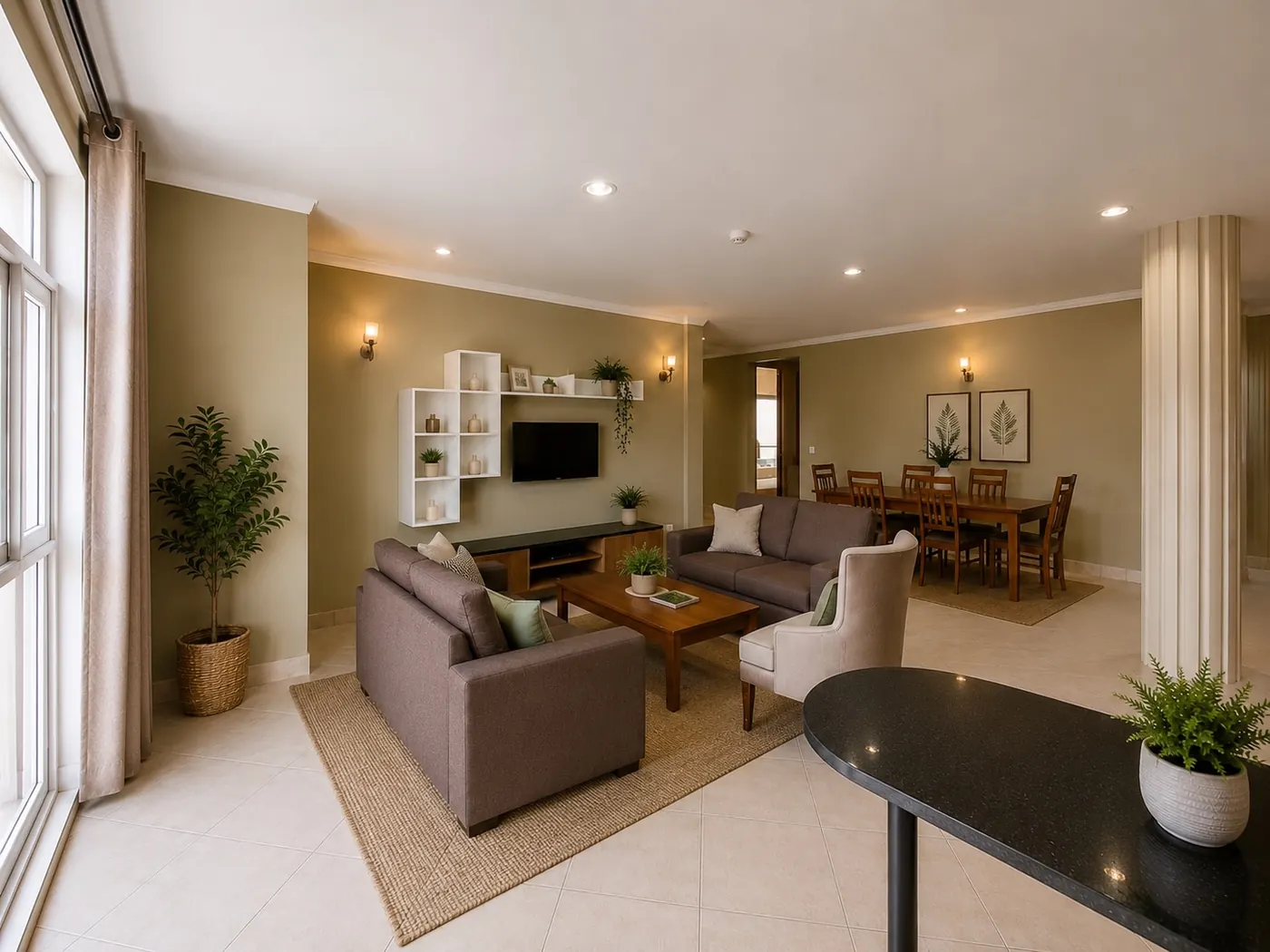 Furnished lounge with TV at Grand Vue Apartments
