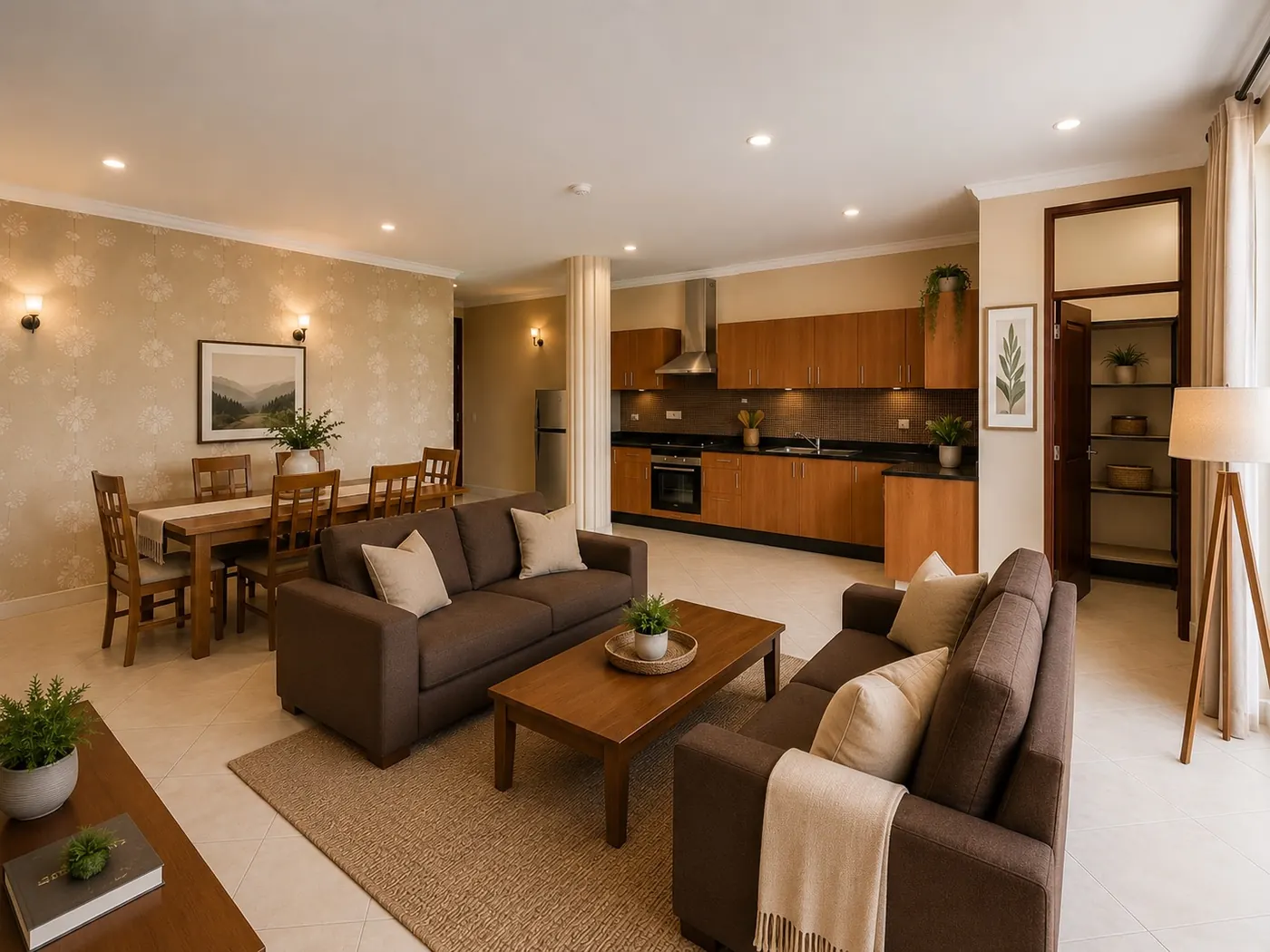 Furnished living room with twin sofas at Grand Vue Apartments