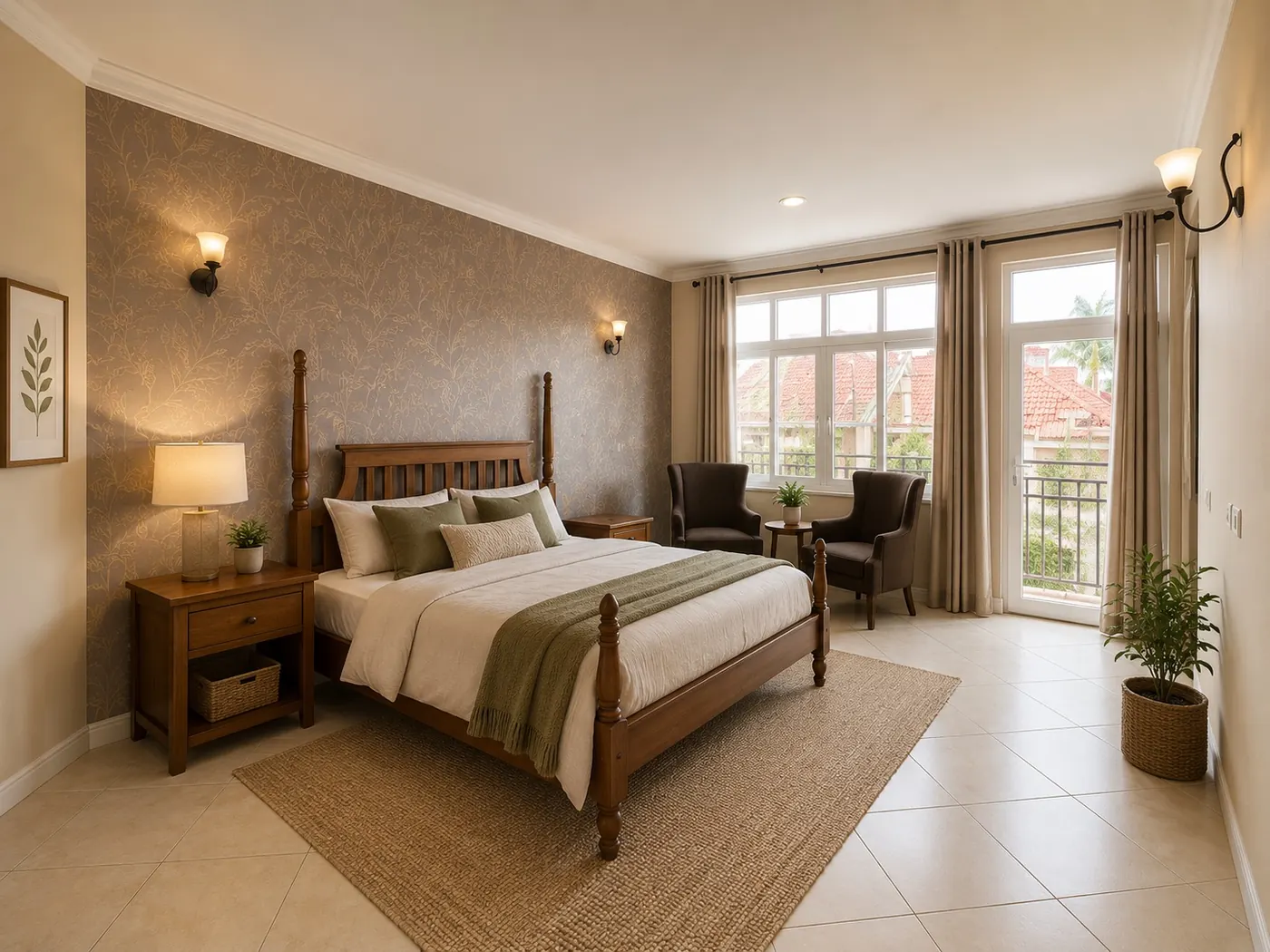 Master bedroom with balcony view at Grand Vue Apartments