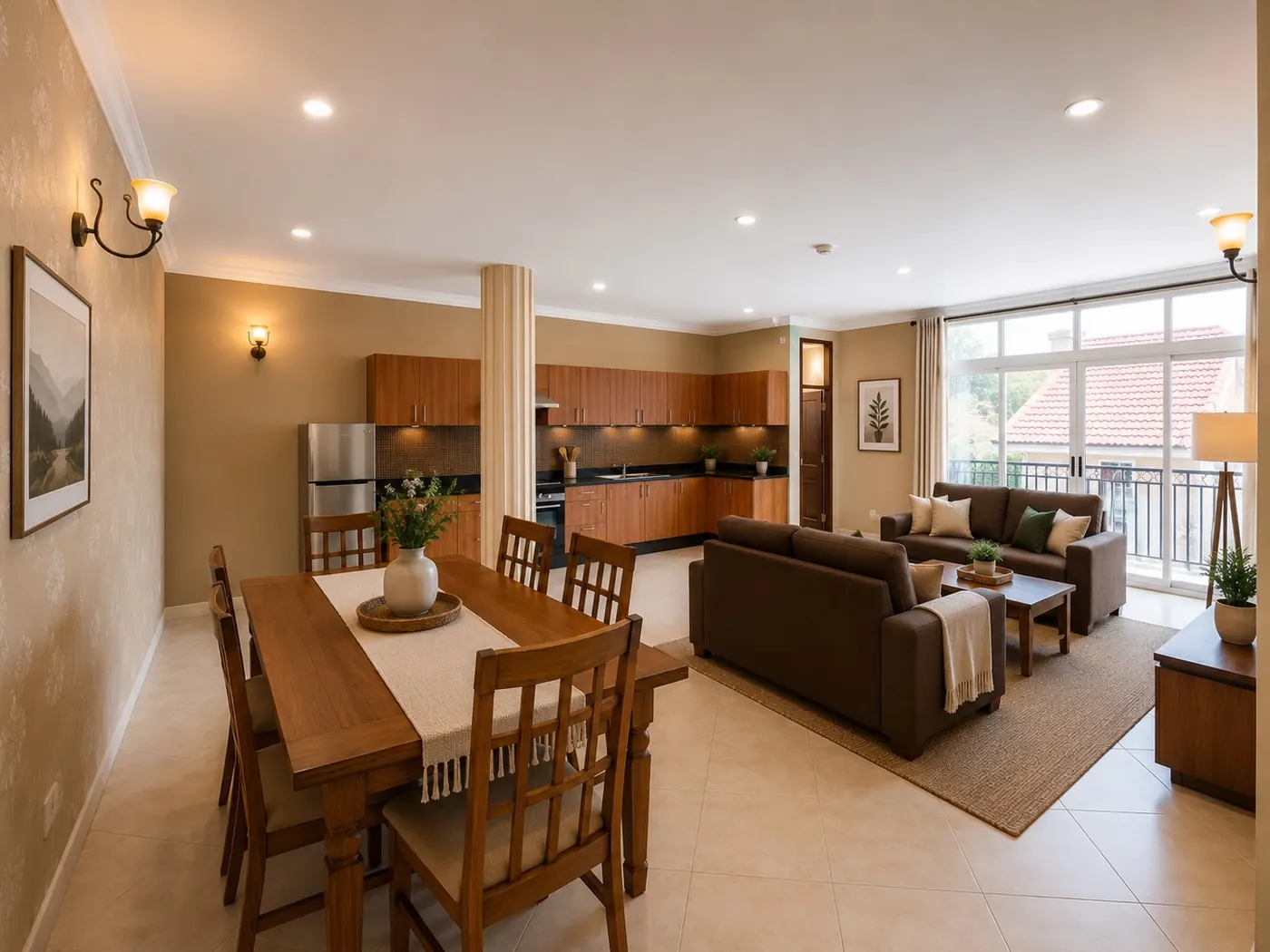 Open-plan kitchen, dining and living space in a three-bedroom home at Grand Vue